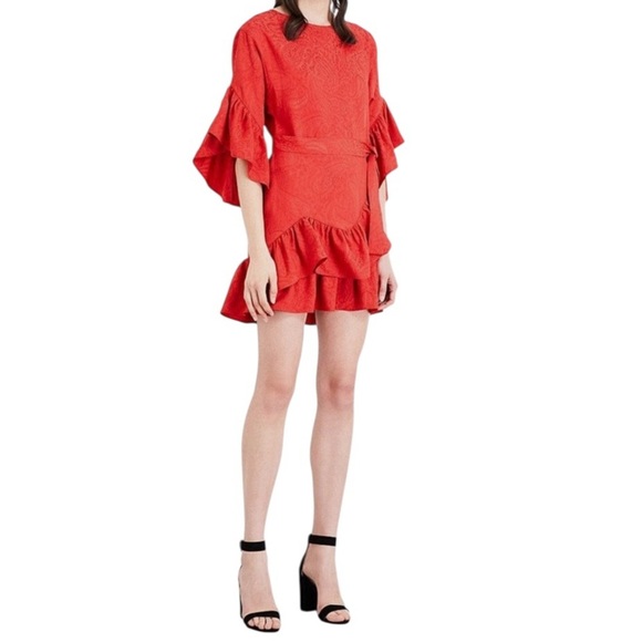Maje Rahima Jacquard Ruffle Dress In Red - Picture 1 of 10